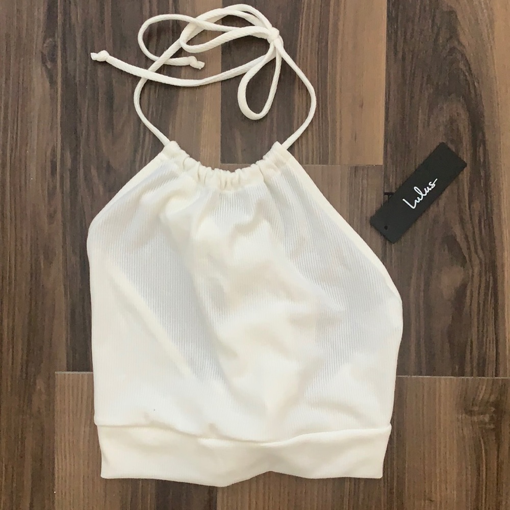 Lulus “Special of the Season Off White Ribbed Halter Crop Top”; Size Medium